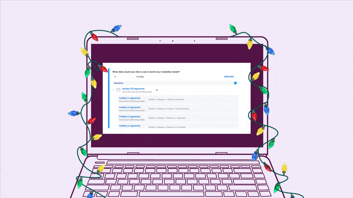 Graphic show a laptop adorned with Christmas lights. Browser on laptop reads: What data would you like to use to build your lookalike model?