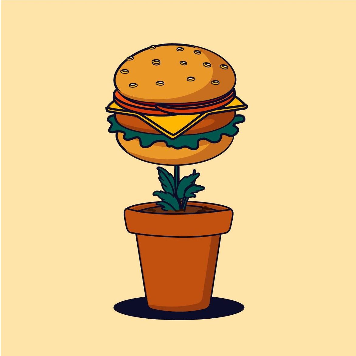 A cartoonish illustration of a hamburger presenting as a plant growing in a pot.