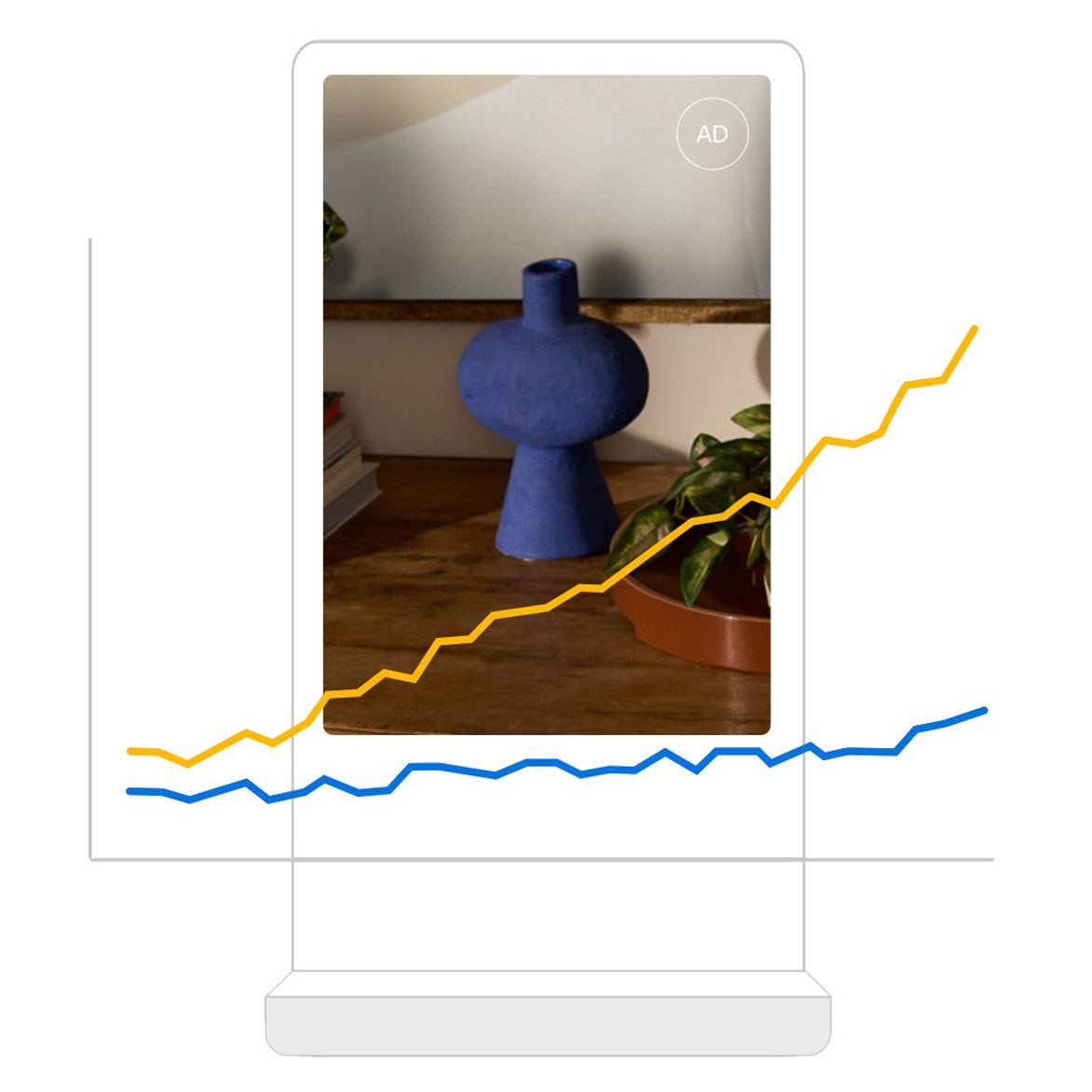 Anuncio digital exterior con un jarrón azul con plantas y libros alrededor, superpuesto con líneas amarillas y azules ascendentes que indican el aumento del rendimiento.