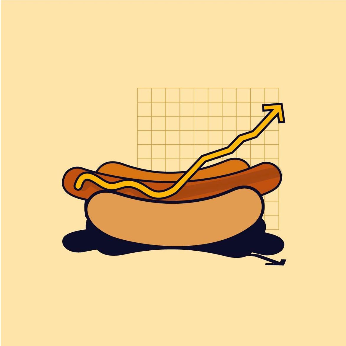 A cartoon hot dog in a bun is positioned in front of a grid, with a yellow line graph arrow trending upward across the top of the hot dog.