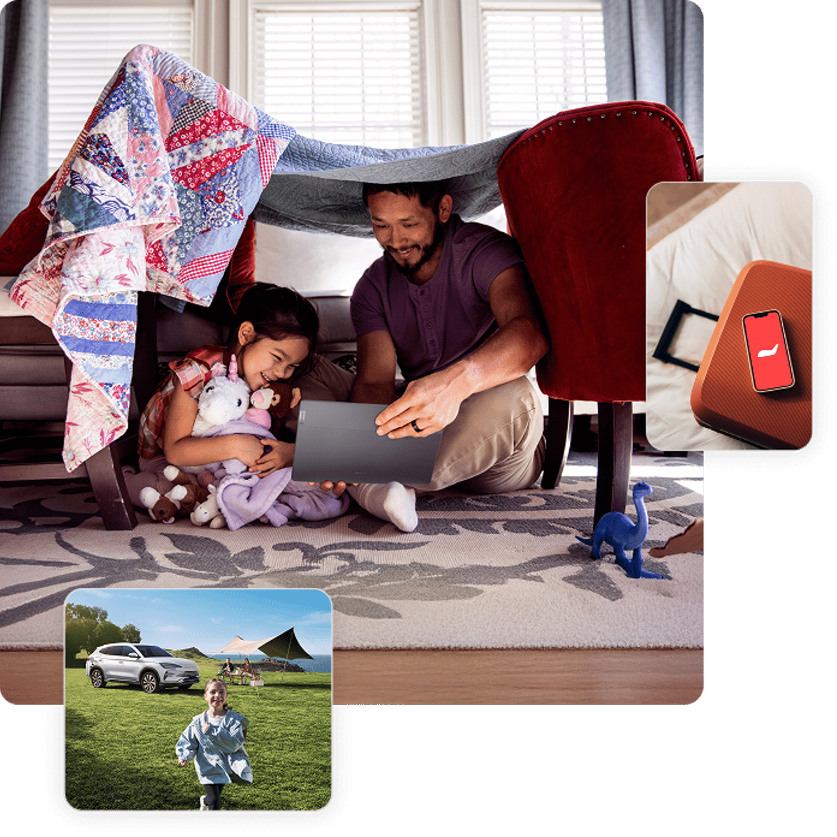 Family using a laptop in a blanket fort with connected smart devices and security camera views displayed.