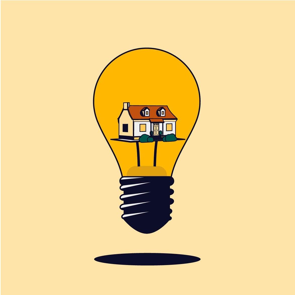 A stylized illustration of a small house with a red roof resting inside a glowing yellow light bulb.