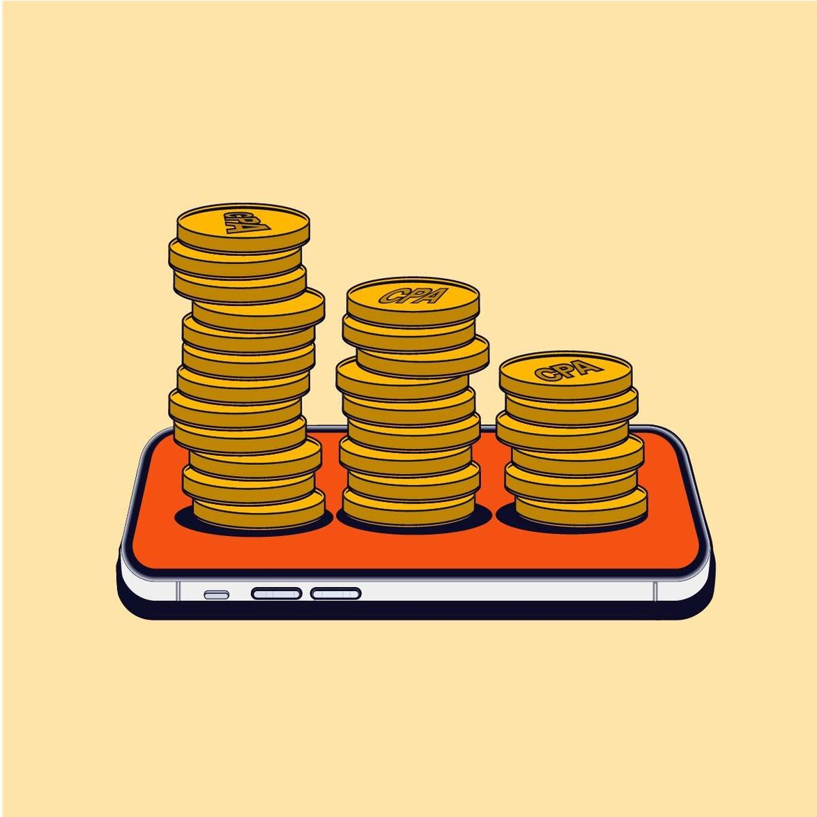 Three stacks of gold coins labeled CPA of varying heights resting on a smartphone with an orange screen against a light yellow background illustration.