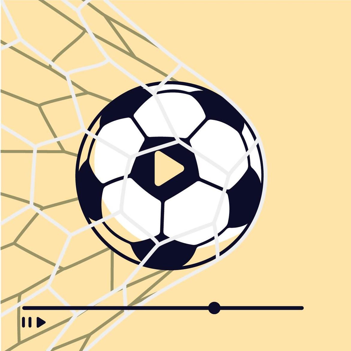 A black and white soccer ball with a play button in the center, caught in a white net against a light yellow background with a video progress bar.