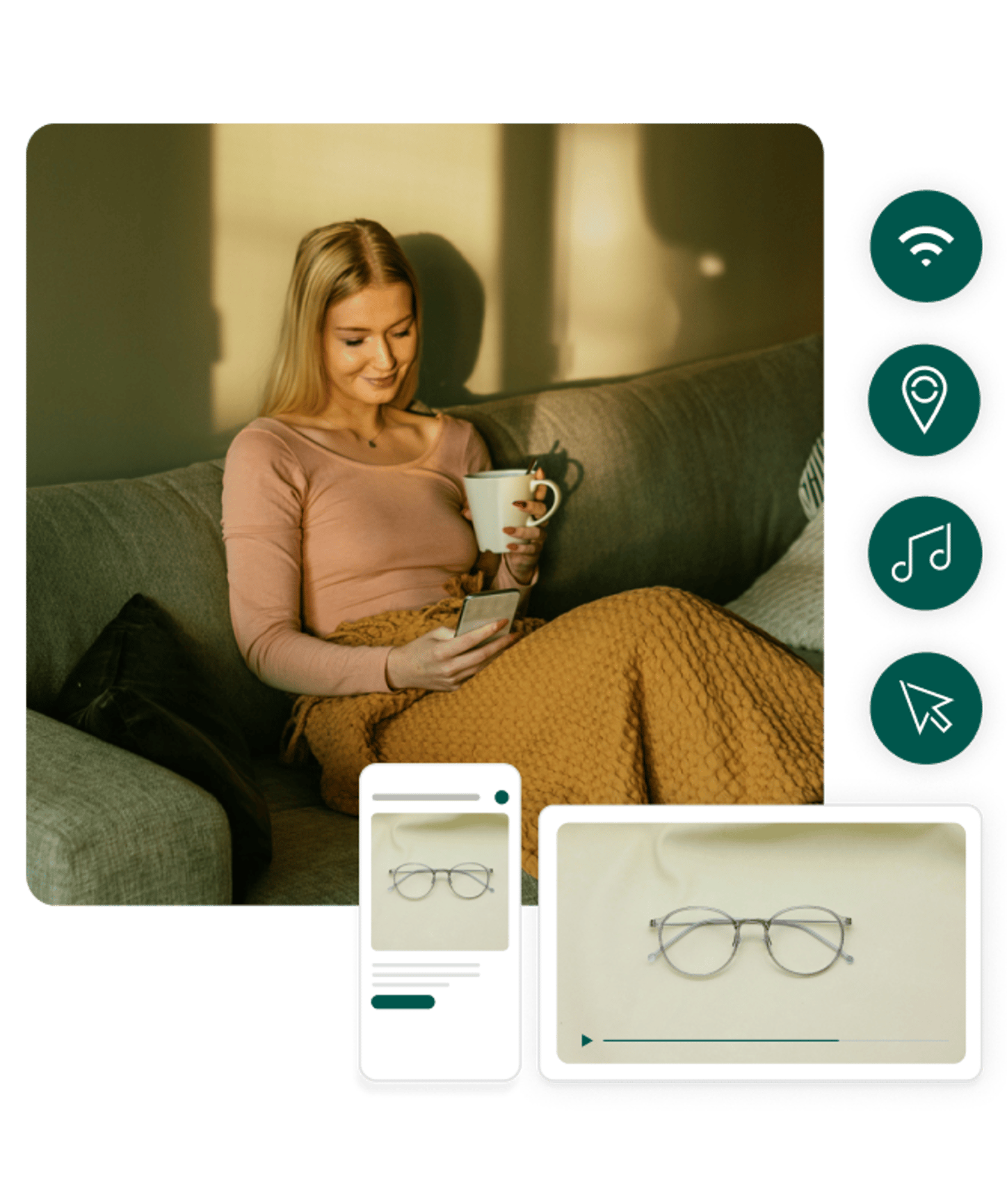 Woman looking at her phone while holding a cup of coffee and relaxing on her sofa, with graphics of ads of sunglasses over.