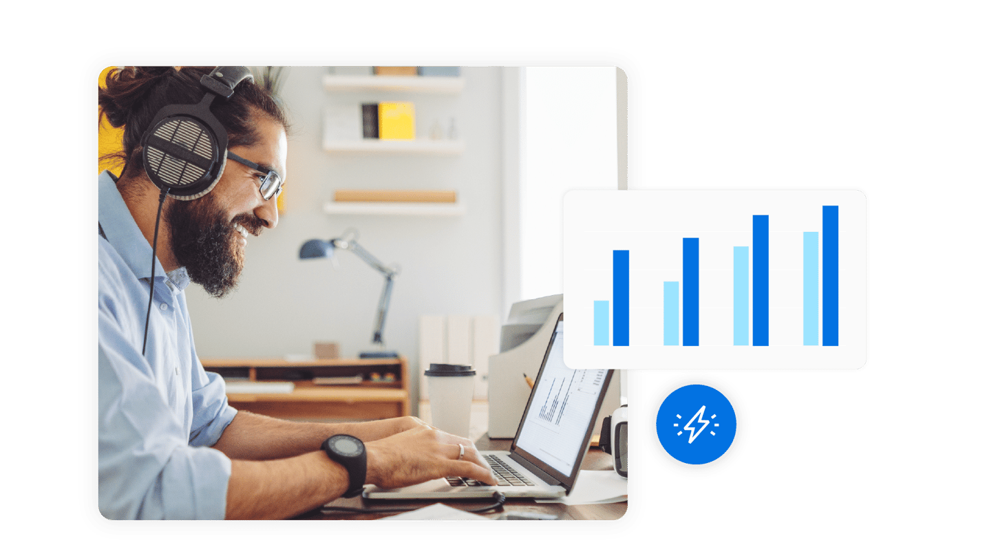 A smiling man wearing headphones works on a laptop at a desk, with a bar chart and a blue lightning bolt icon overlaid to suggest growing productivity or performance.