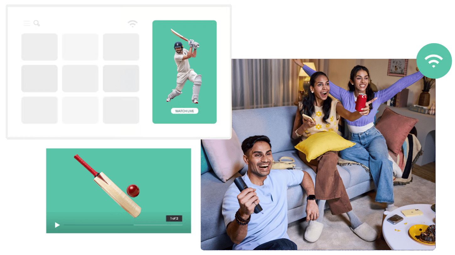 Friends watching a live cricket match on a connected TV while digital streaming content and sports highlights display across the screen.