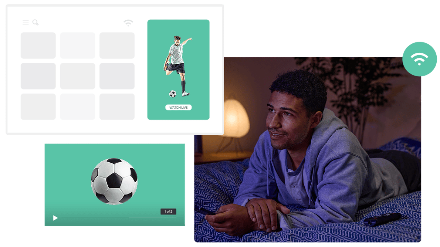 ベッドに寝そべってストリーミングプラットフォームでサッカーの試合を観戦する男性と、デジタルインターフェイス要素のイラスト（ライブ配信がある試合の一覧とビデオコンテンツ画面）。