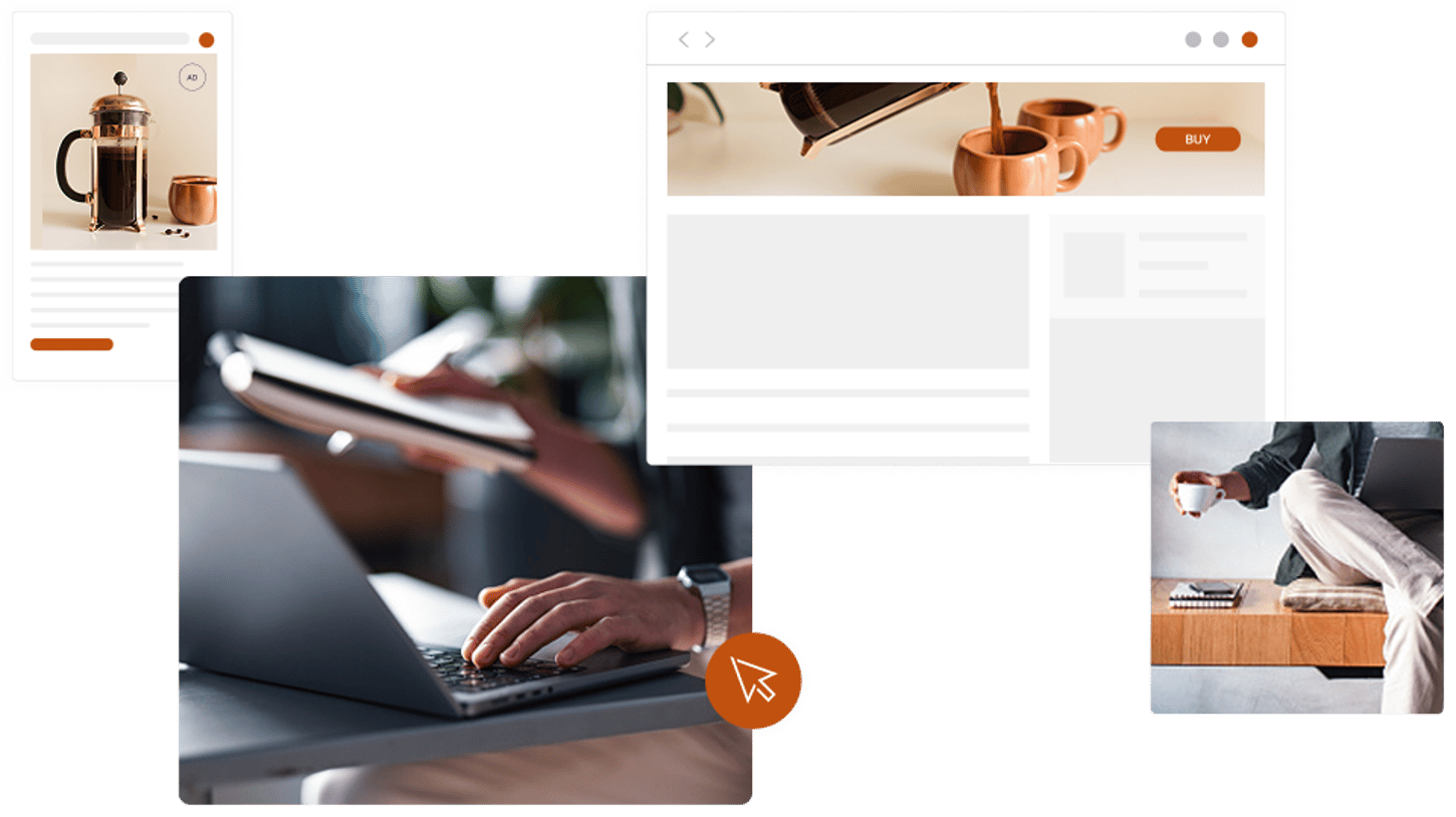 Eine digitale Collage mit Online-Shopping-Elementen für eine French-Press-Kaffeemaschine, einer Person mit einem Tablet und frisch gebrühtem Kaffee. Die Collage steht für E-Commerce und digitale Lifestyle-Erlebnisse.