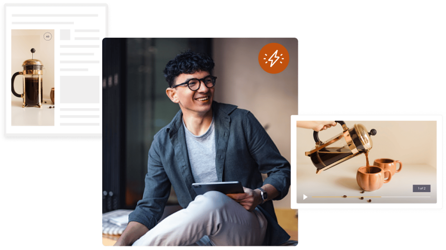 Eine digitale Collage mit einem lächelnden Mann und einem Tablet, zusammen mit Online-Produktlisten und einem Video, das eine French-Press-Kaffeemaschine zeigt. Die Collage steht für E-Commerce und digitale Lifestyle-Erlebnisse.