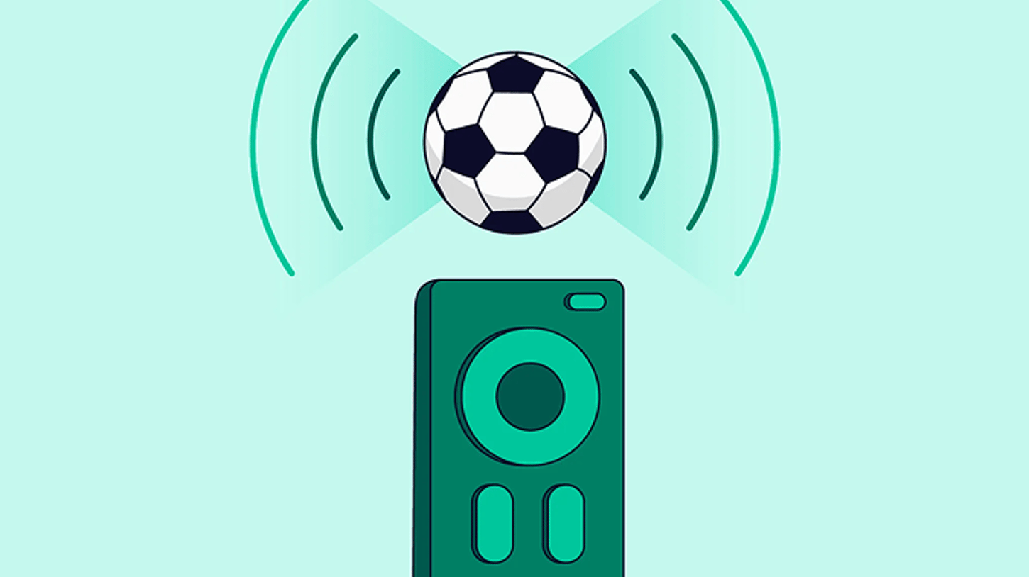 Remote control device transmitting a signal to a soccer ball with radiating waves, illustrating wireless control or tracking.