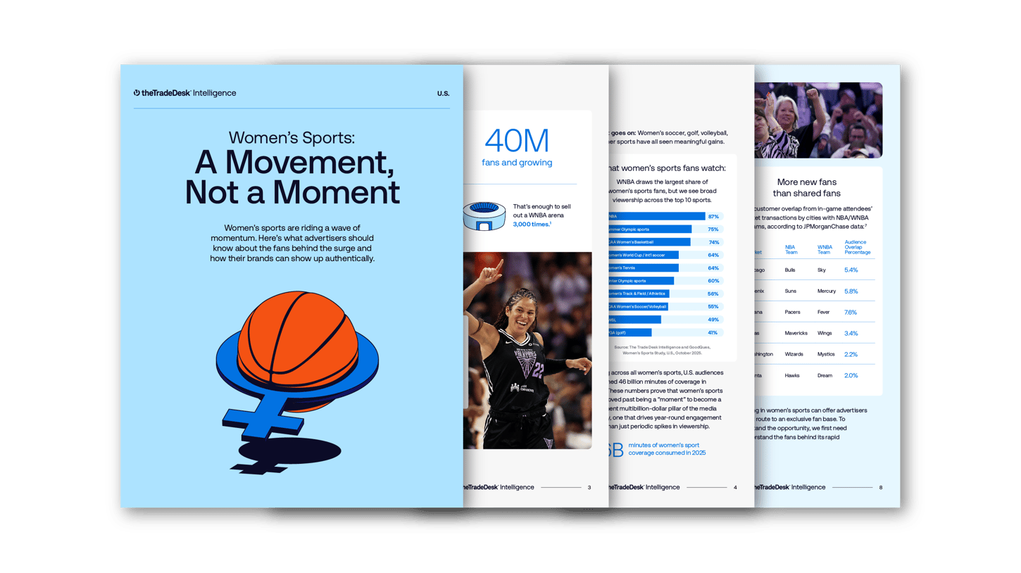 A report titled Women's Sports: A Movement, Not a Moment, featuring a basketball and female symbol icon, data charts, and photos of basketball players.