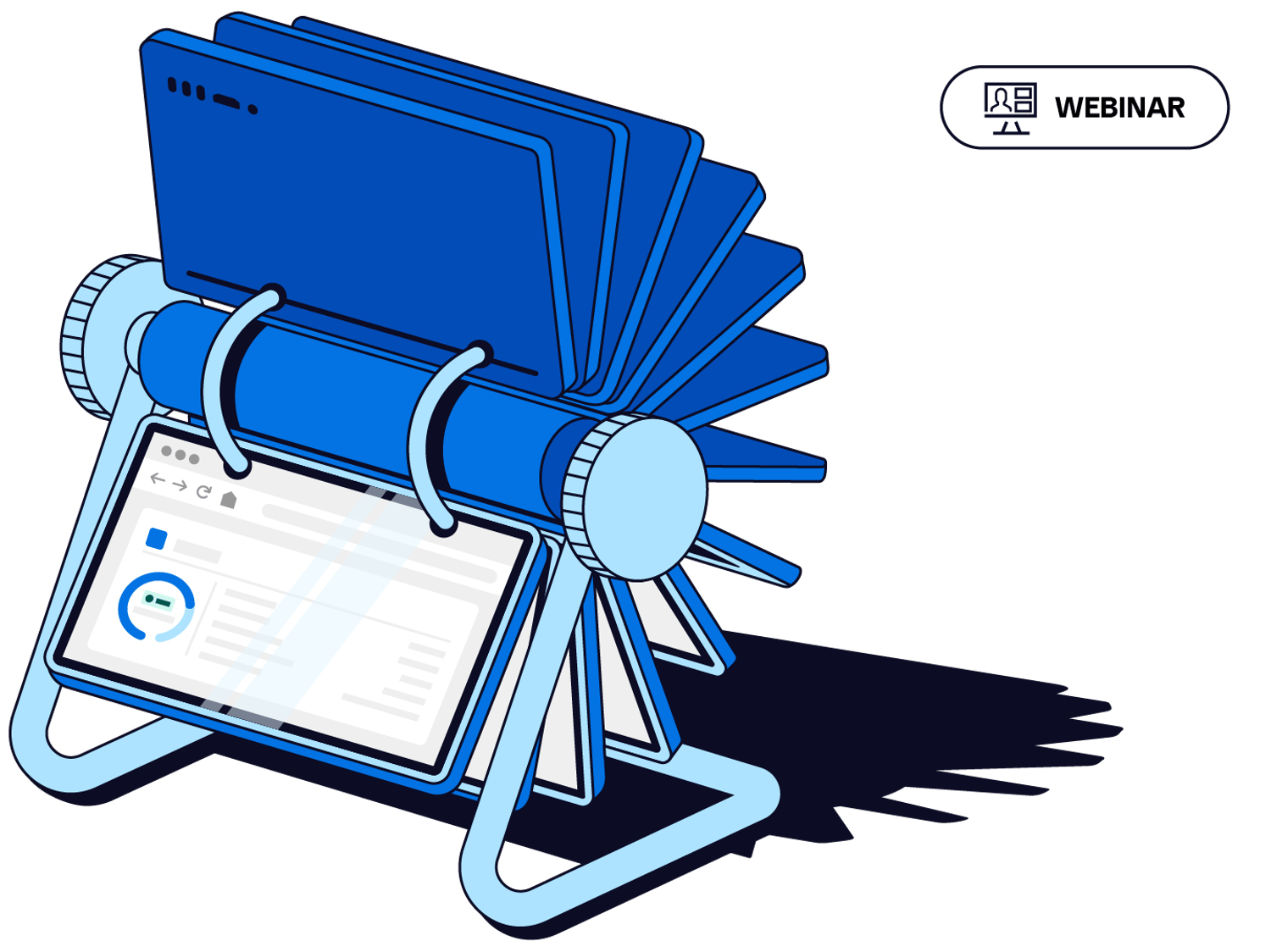 Illustration of a rolodex filled with computer screens, featuring Kokai, a digital media buying platform, on the front page.