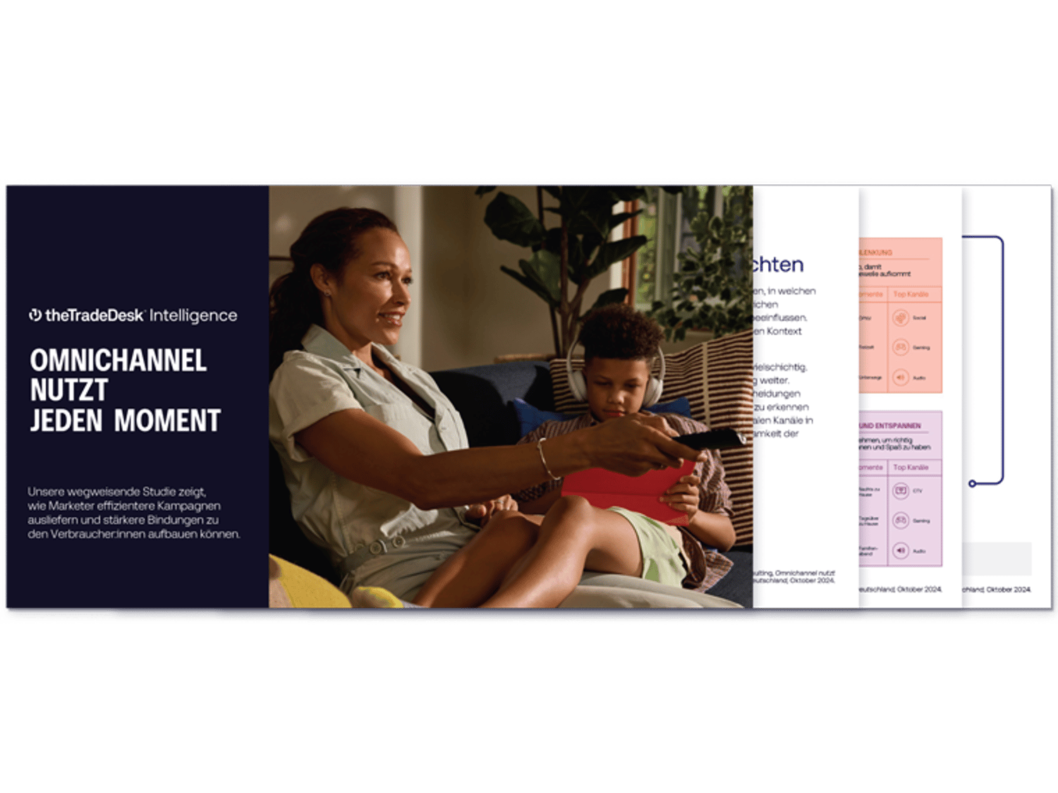 A woman sits on a couch with a child using a tablet, holding a TV remote, alongside a presentation slide about omnichannel marketing from The Trade Desk Intelligence.