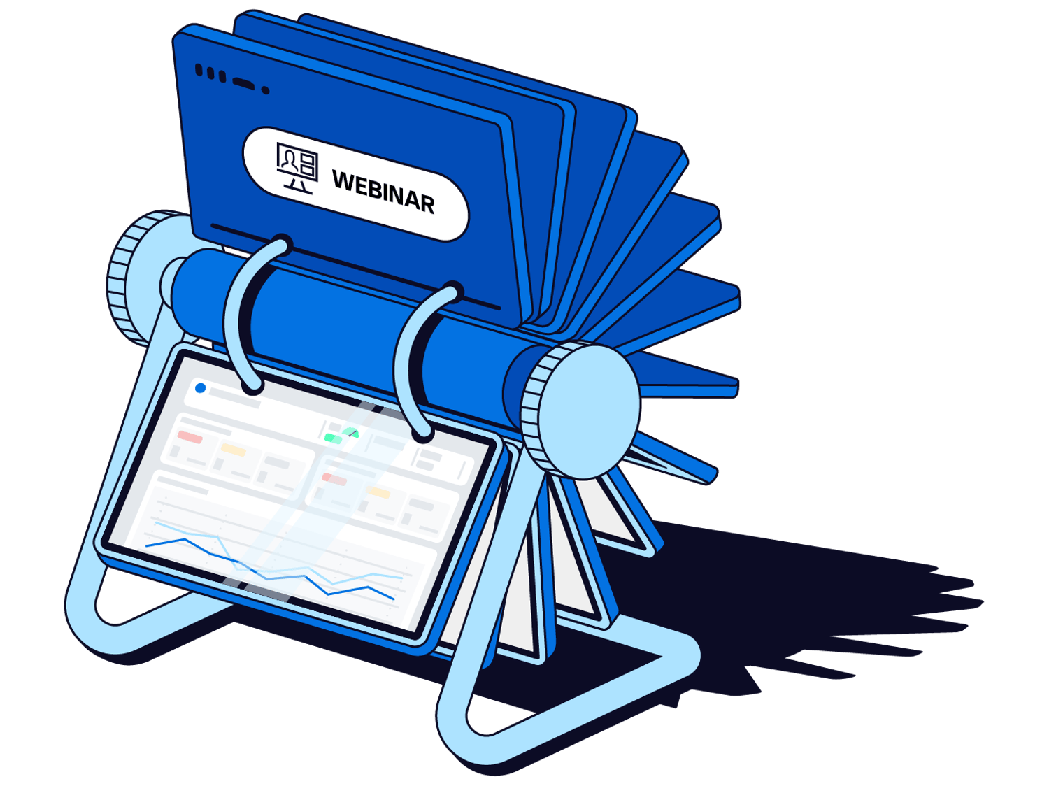 A blue desk flip calendar displaying a Webinar card on top and a data dashboard on the front.