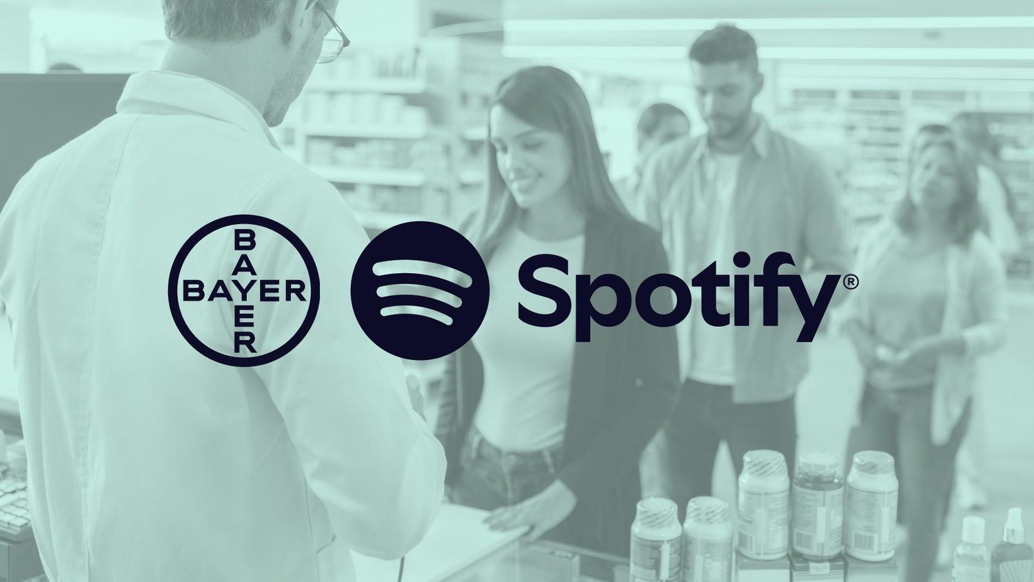 Group of people making purchases in a pharmacy with a green shade over and Bayer and Spotify logos in the center
