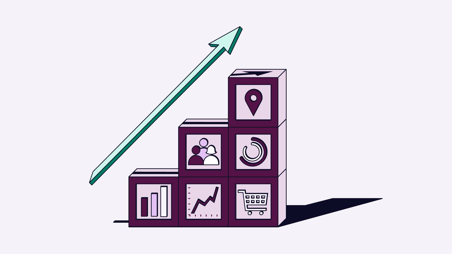 Illustration of stacked blocks showing analytics, users, location, and e-commerce icons with an upward arrow representing business growth and performance improvement.