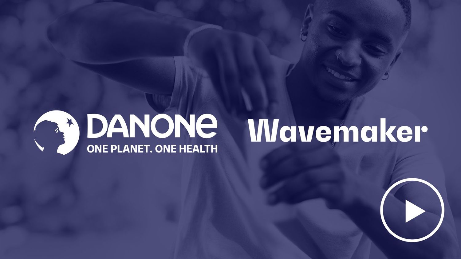 Success stories featuring Danone, Wavemaker, and The Trade Desk logos on a dark blue background with a smiling person in the background.