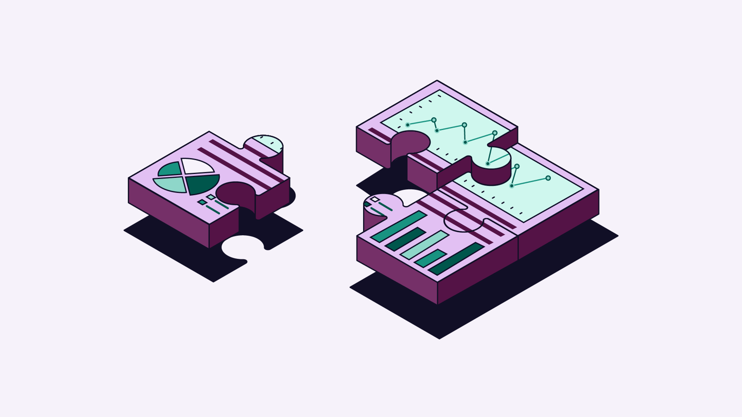 Illustration of puzzle pieces with various data coming together to form a full report
