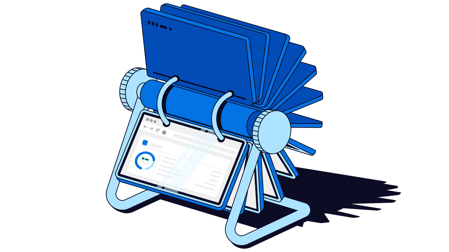 Illustration of a rotating flip-style display of web pages above a tablet dashboard, representing website testing, experimentation, or optimization tools.