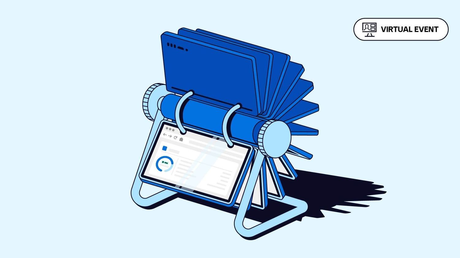 Illustration of a rotating set of web pages on a stand displaying a dashboard interface, labeled as a virtual event.