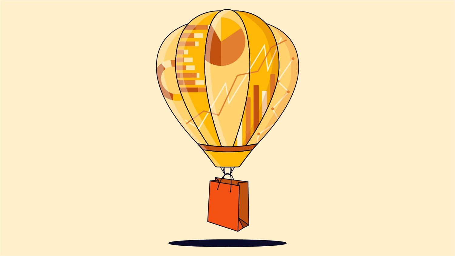 Yellow graphic of a hot air balloon with a shopping bag instead of basket