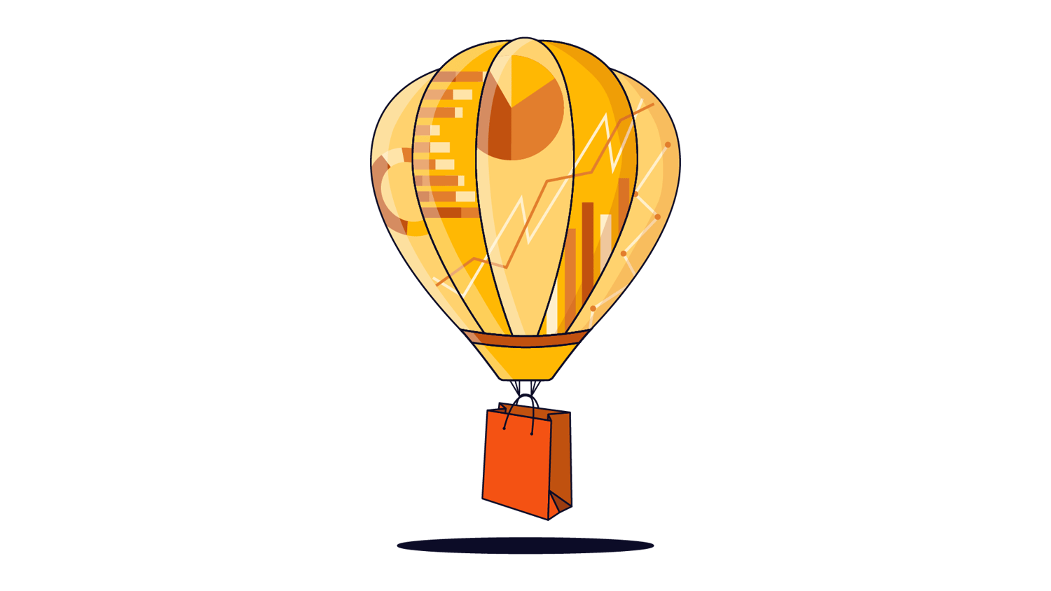 Orange and yellow graphic of a hot air balloon carrying a shopping bag