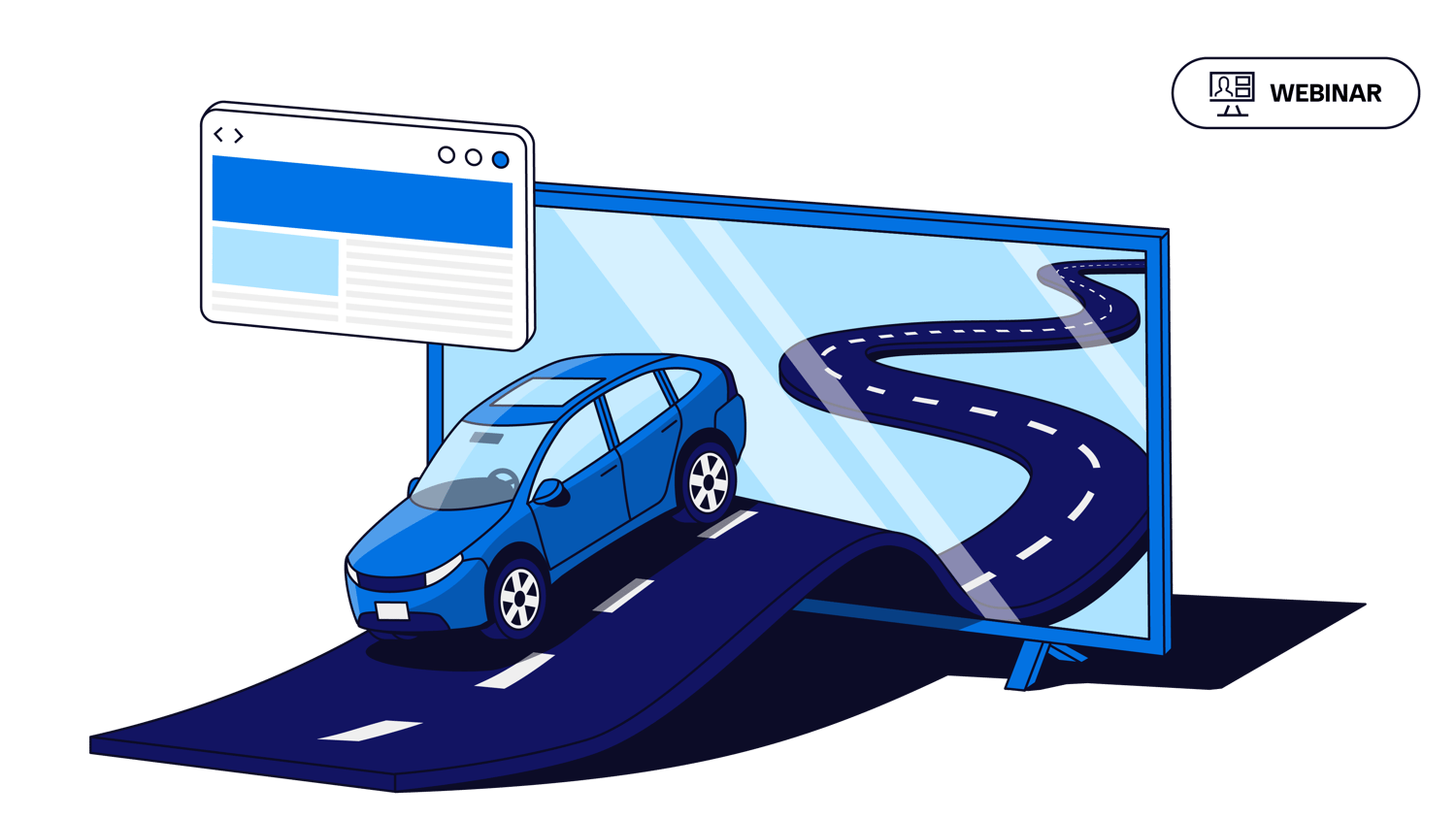 Illustration of a car driving on a windy road through a TV screen with a display ad in the corner.