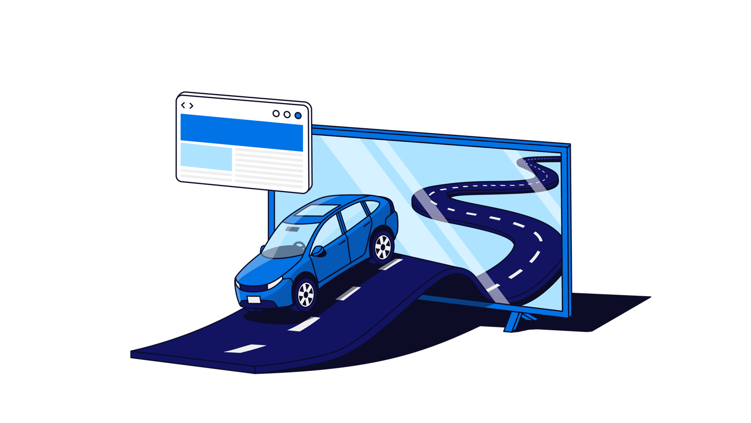 Illustration of a car driving on a windy road through a TV screen with a display ad in the corner.