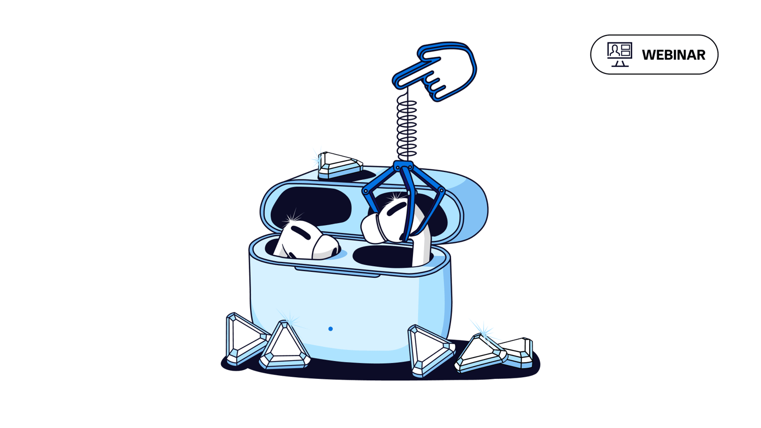 An illustration of a blue earbuds case with two earbuds inside, a hand pointing at a spring mechanism, and geometric shapes around it.