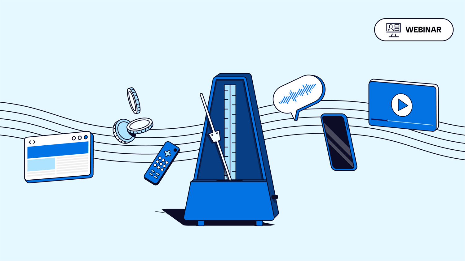 Illustration of a metronome surrounded by icons for web, mobile, video, TV, and audio ads, symbolizing synchronized omnichannel advertising.