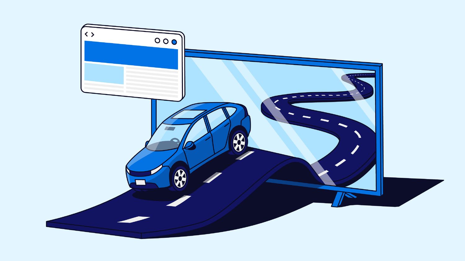 Illustration of a car driving on a windy road through a TV screen with a display ad in the corner.