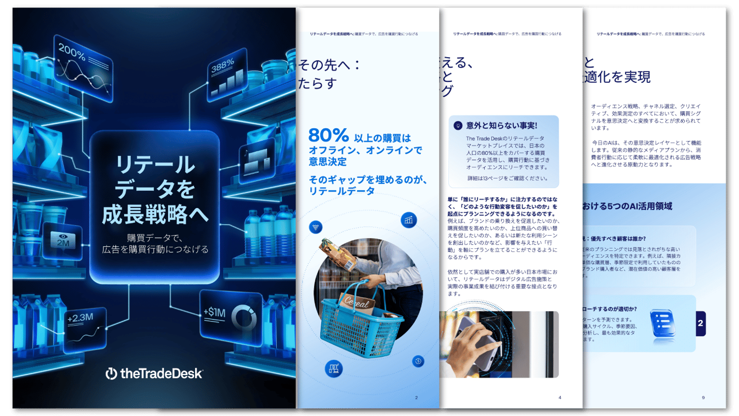 Retail data strategy eBook cover and preview pages with analytics and shopping insights.