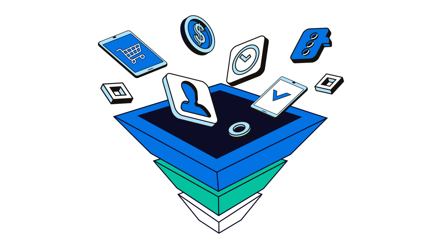 Illustration of a digital marketing funnel with icons representing eCommerce, user profiles, check marks, and money flowing into a layered funnel.