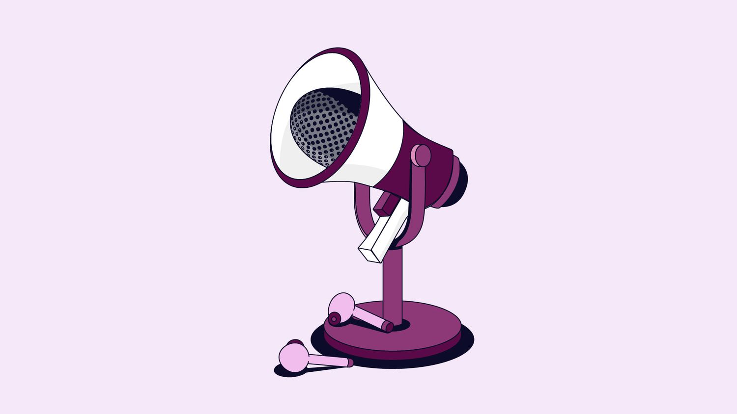 An illustration of a purple microphone on a stand with two small wireless earbuds resting on the base, set against a light purple background.