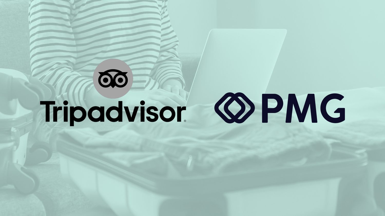 Woman typing on a laptop with two suitcase open, while packing, with a green overlay and Tripadvisor + PMG logos over top.