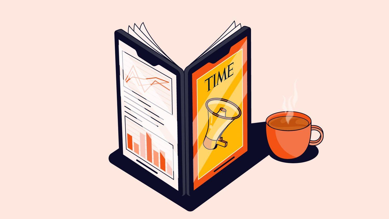 Illustration of a magazine/iPad hybrid displaying charts on one page and a megaphone icon on the other, next to a steaming coffee mug.