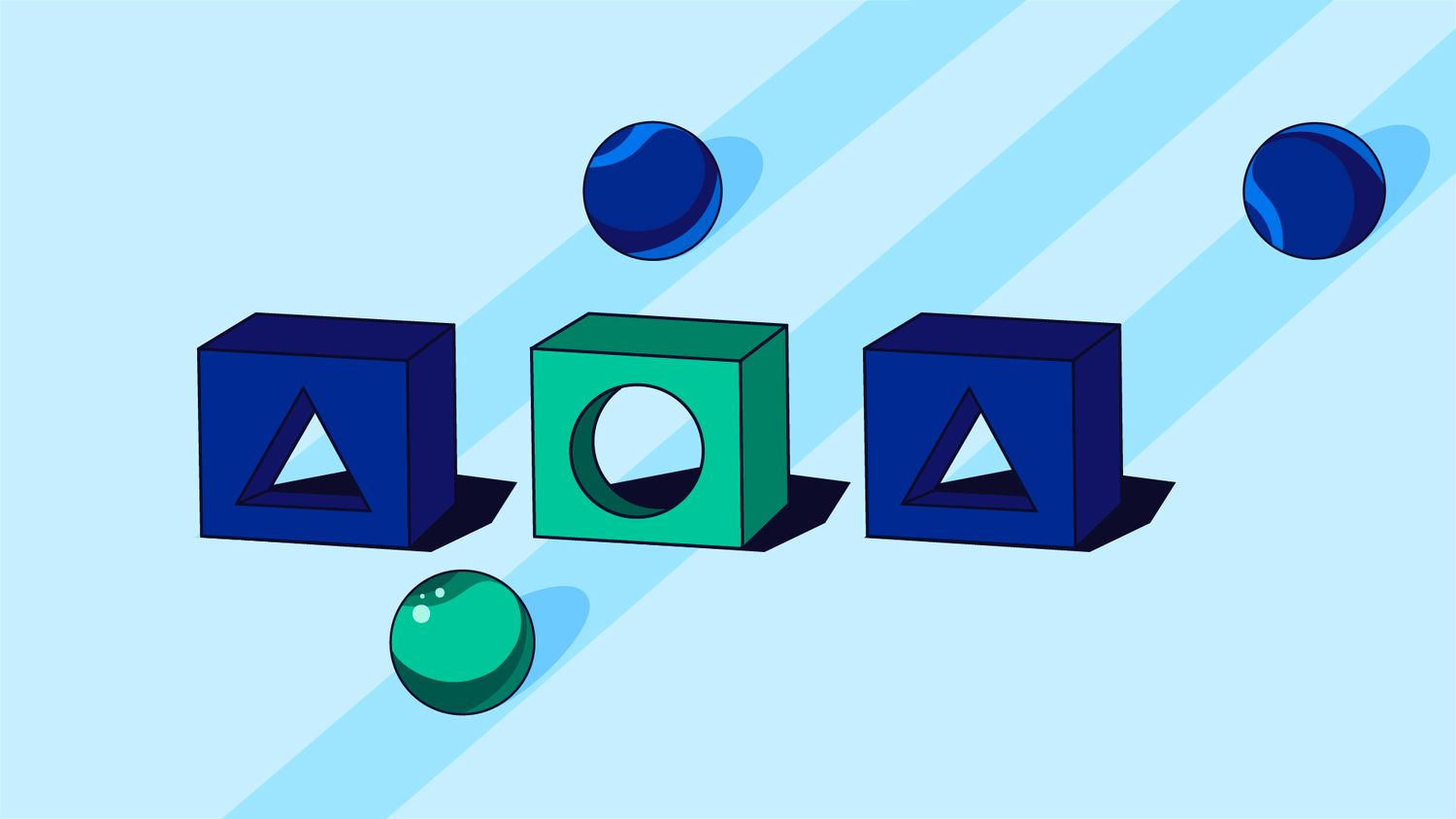 Illustration of three toy blocks with marbles rolling through their cut out shapes.