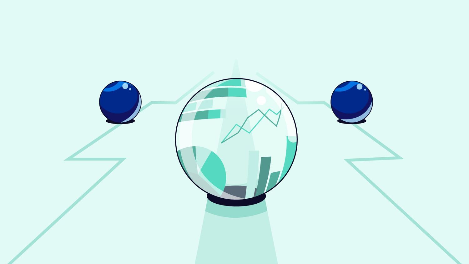 An illustration showing three marbles rolling forward, and the marble in the center is transparent and filled with bar graphs and other iconography