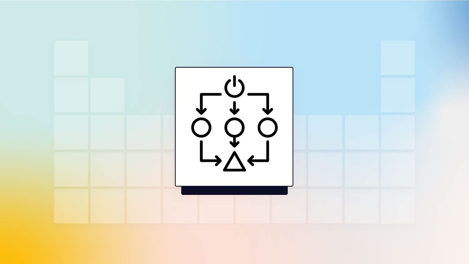 A simple black-and-white flowchart icon showing arrows connecting circles to a triangle on a gradient background.
