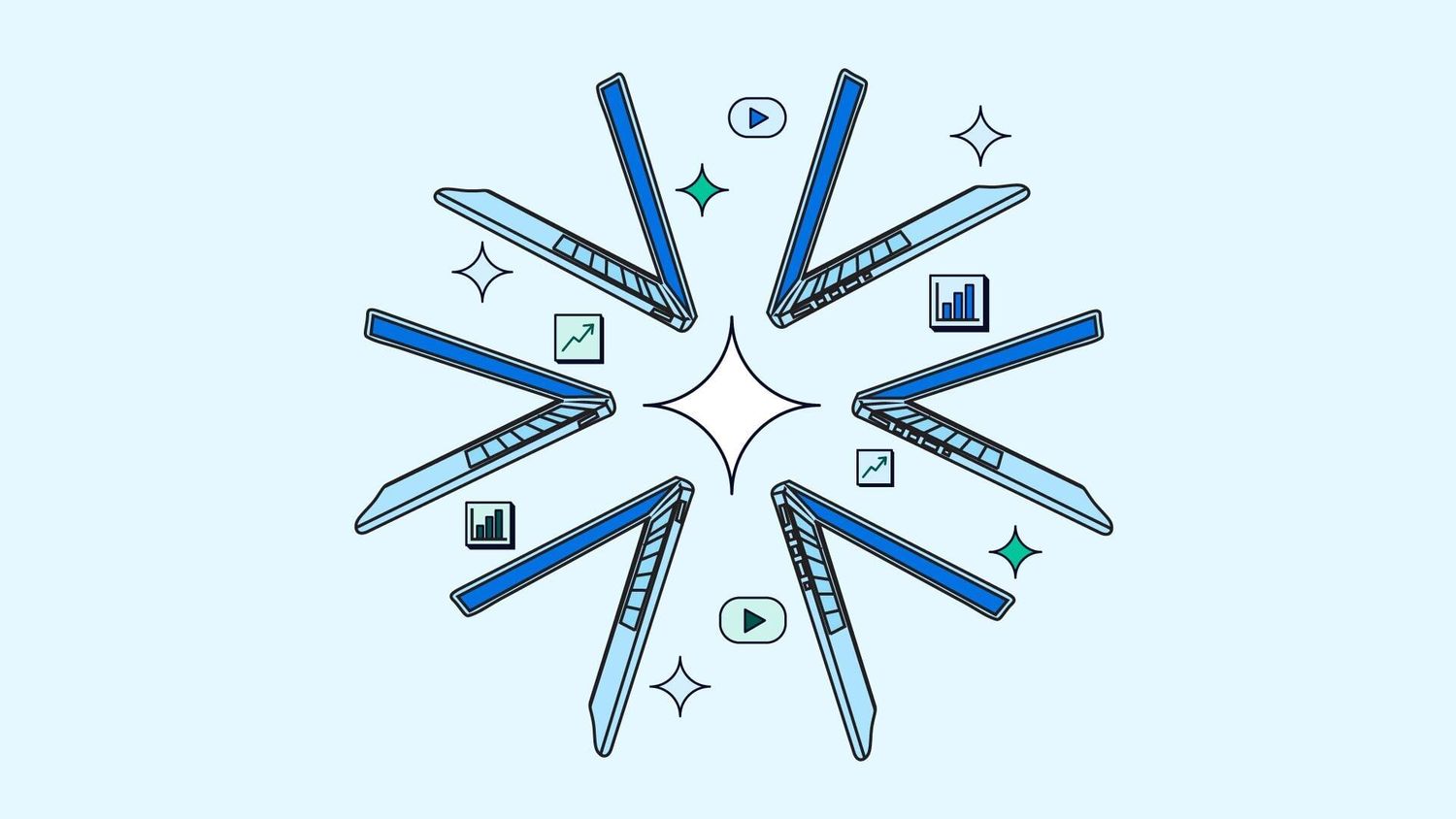 Laptops, media formats, AI sparkles, and data form the shape of a snowflake.