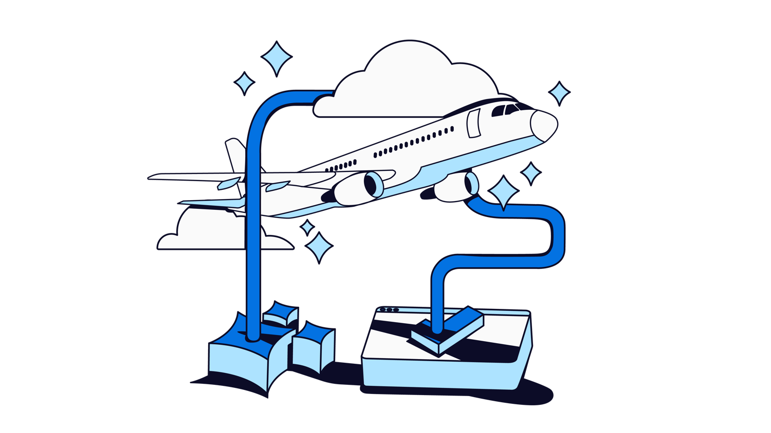 Illustration of an airplane taking off, connected by blue pipes to platforms.