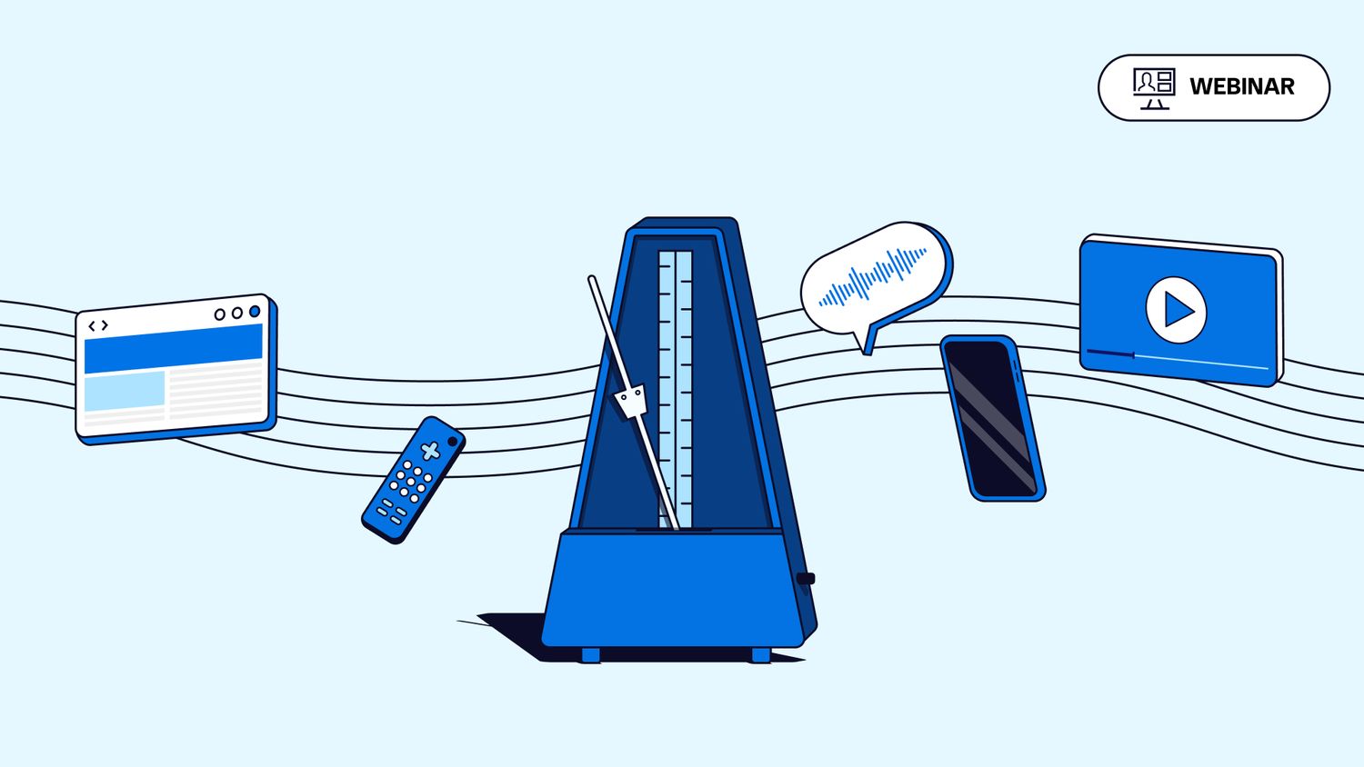 Illustration of a metronome surrounded by icons for web, mobile, video, TV, and audio ads, symbolizing synchronized omnichannel advertising.