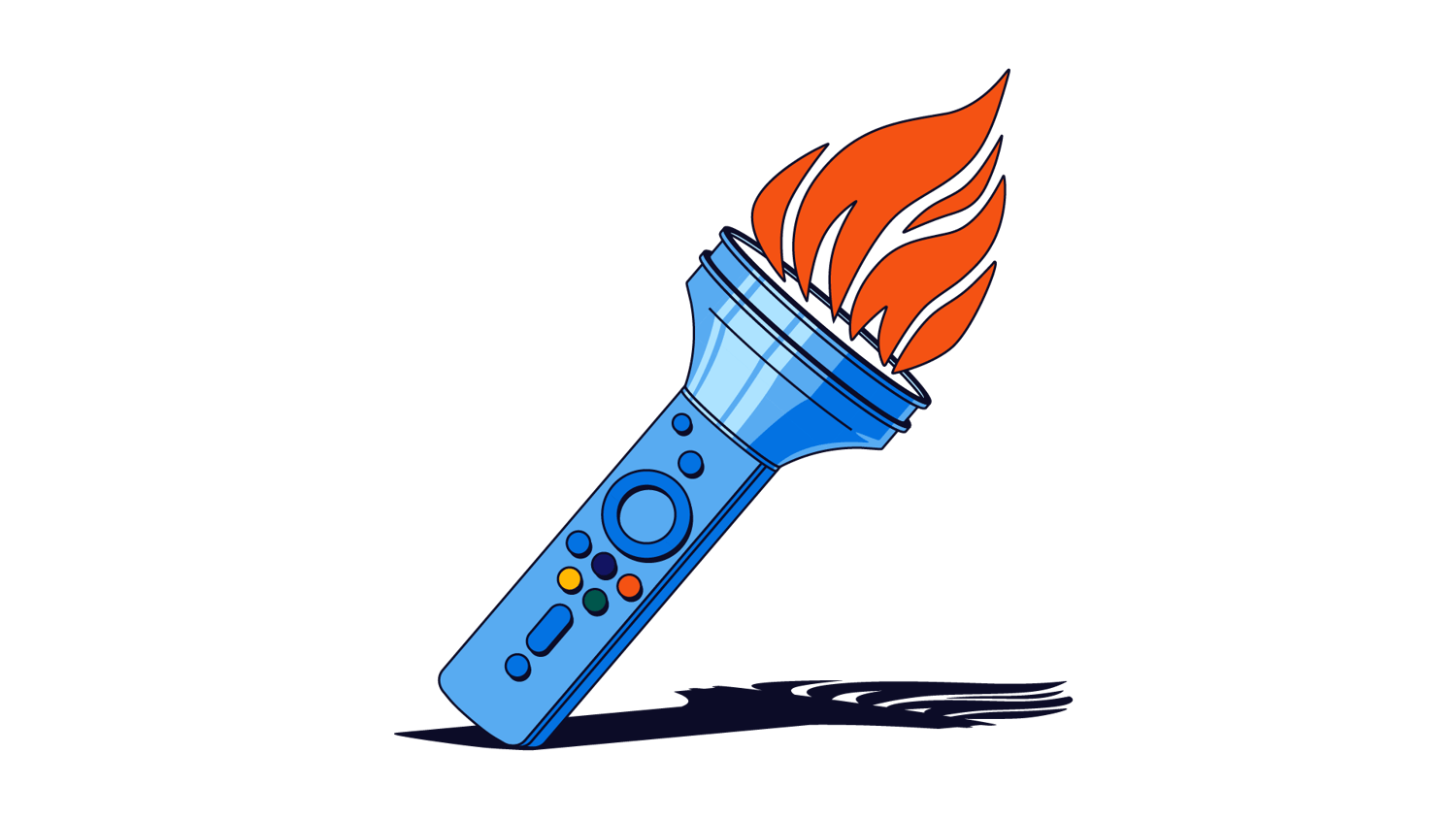 Blue graphic of an Olympics torch, where the handle is a remote control.
