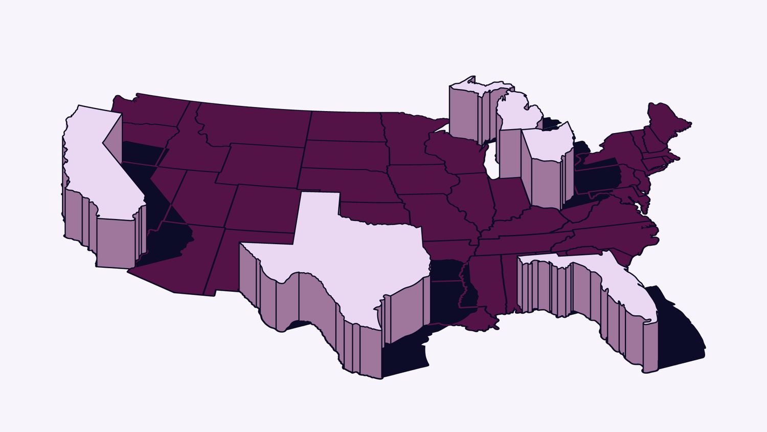 A 3D map of the United States showing specific states elevated in light purple against a dark purple background map.