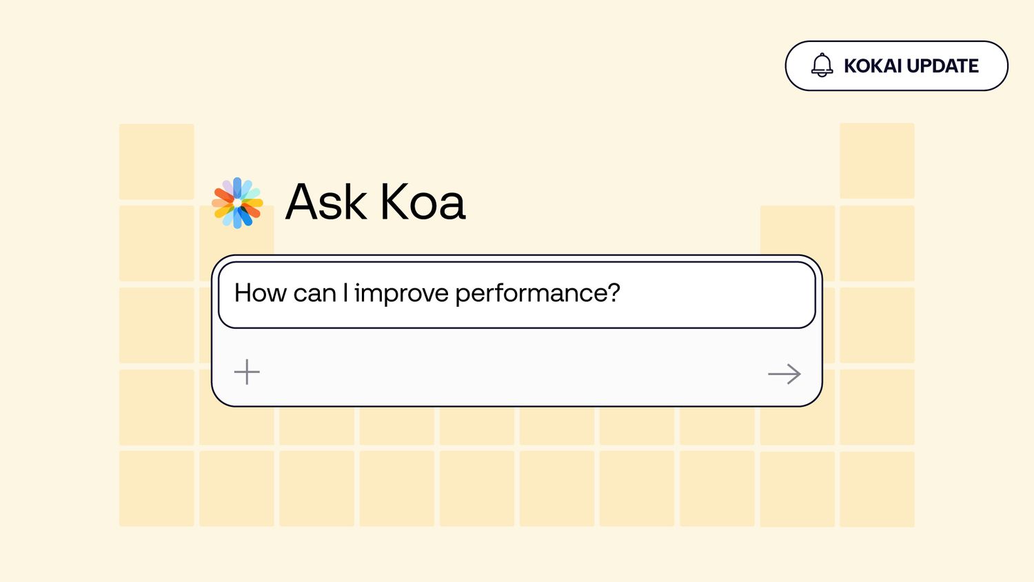 The Trade Desk interface showing Ask Koa with a text box asking How can I improve performance? and a Kokai Update button on a light yellow background.