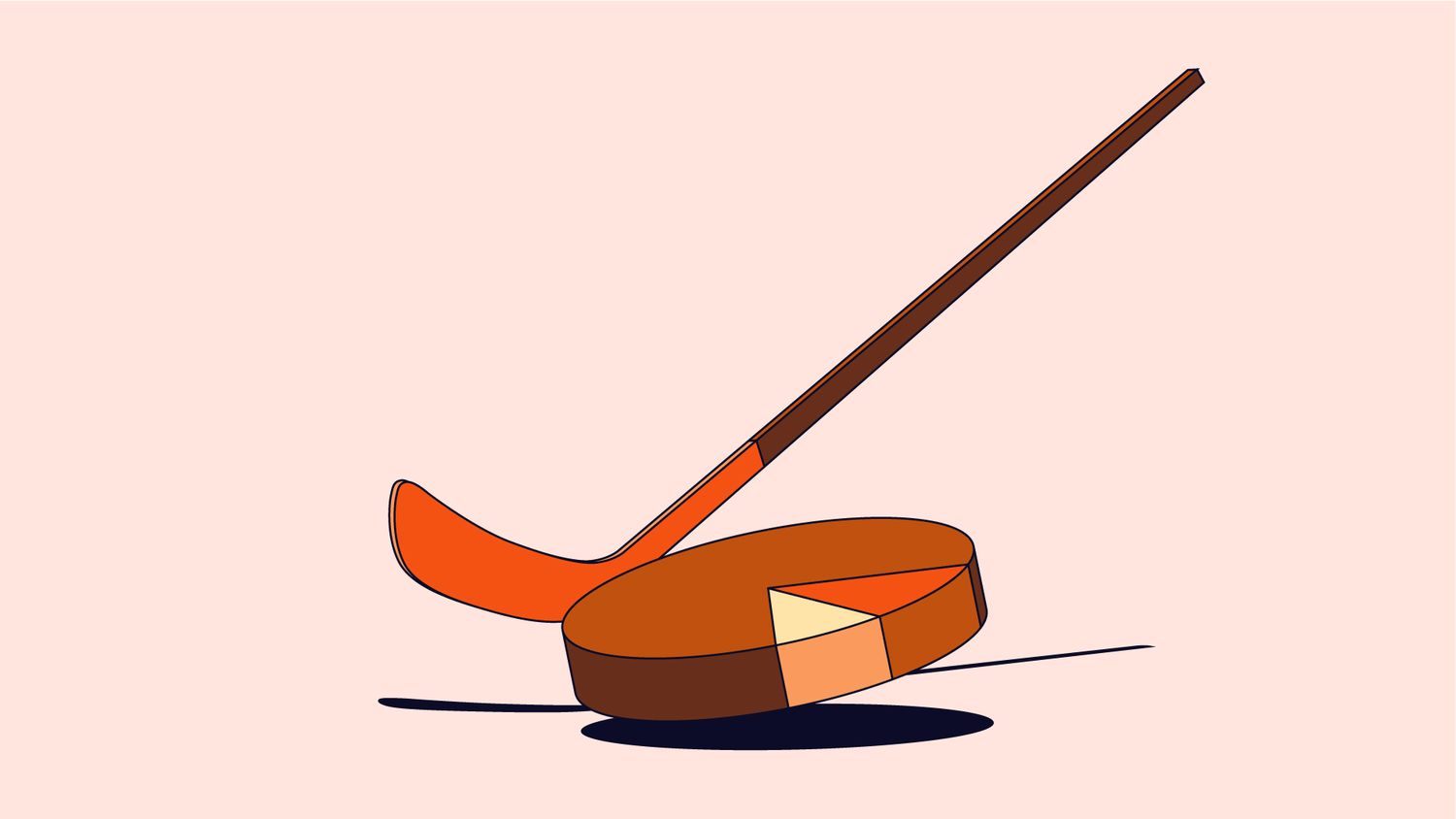 Illustration of an orange hockey stick lying on a large brown hockey puck with a shadow, set against a pale pink background.