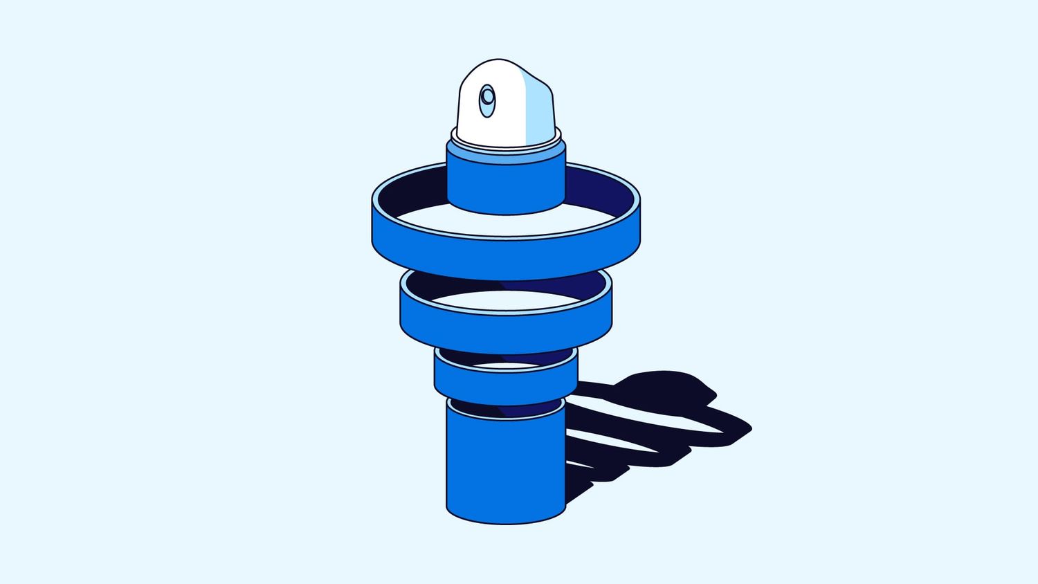 Illustrated blue mechanical component with stacked circular rings and a cylindrical base casting a shadow on a light background.