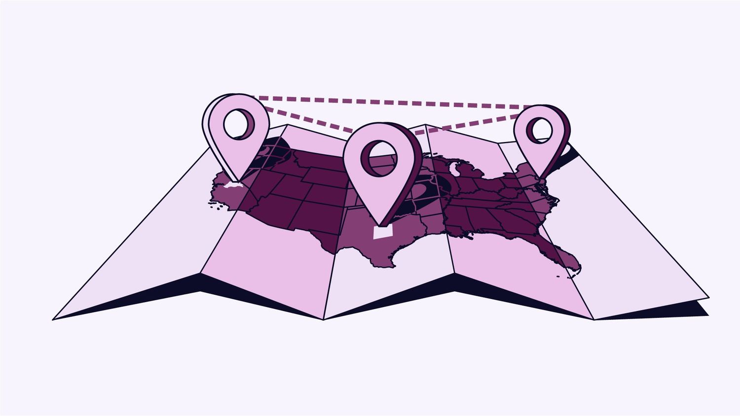 A stylized folded map of the United States with large location pins connected by dashed lines to show multiple mapped points across the country.