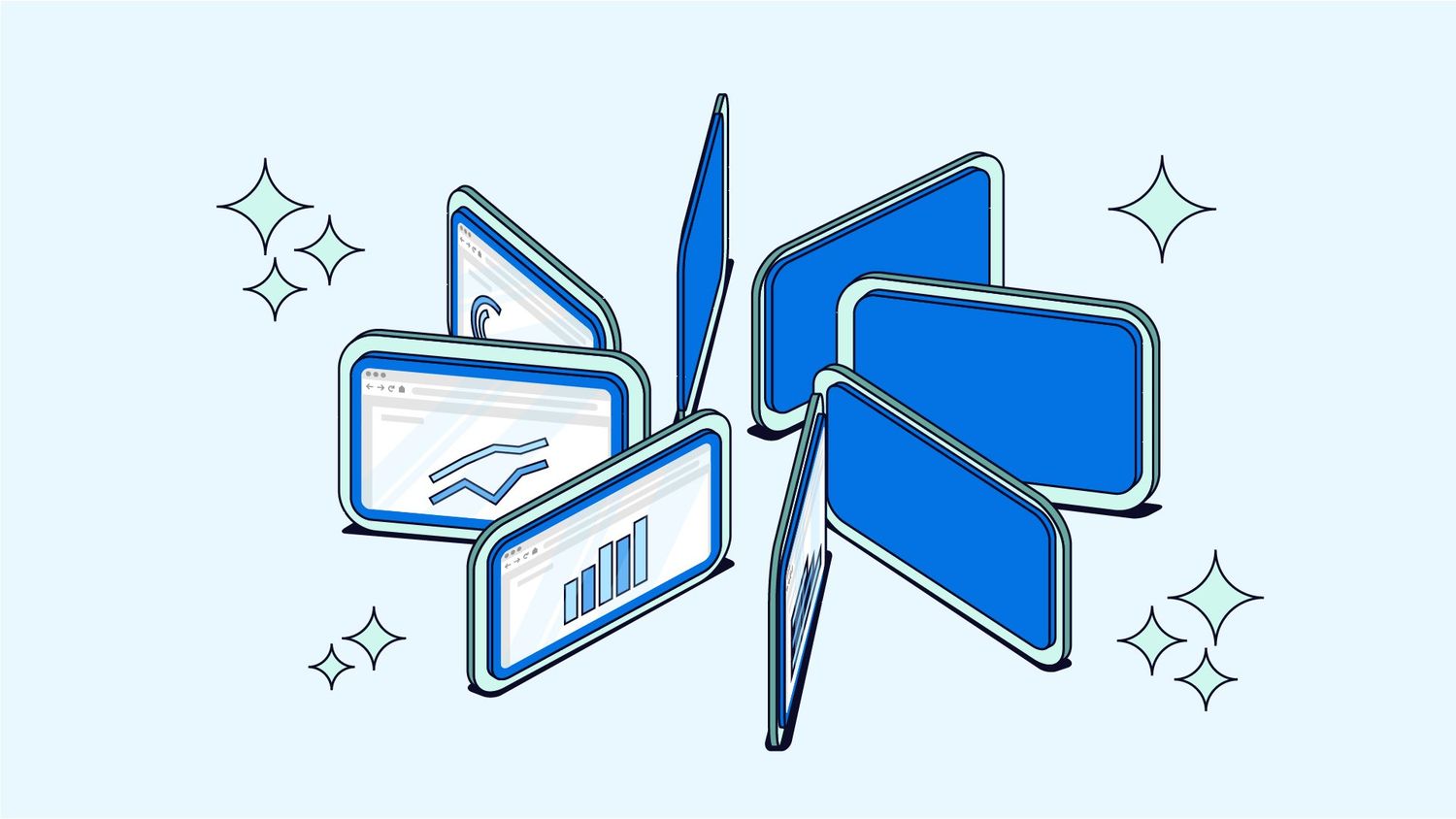 Devices on a blue graphic with sparkles